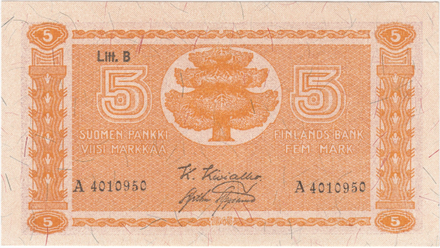 5 Markkaa 1945 Litt.B A4010950 kl.9